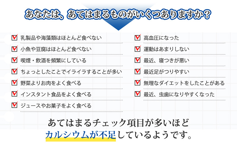 あなたは、あてはまるものがいくつありますか？乳製品や海藻類はほとんど食べない 小魚や豆腐はほとんど食べない 喫煙・飲酒を頻繁にしている ちょっとしたことでイライラすることが多い 野菜よりお肉をよく食べる インスタント食品をよく食べる
ジュースやお菓子をよく食べる 高血圧になった 運動はあまりしない 最近、寝つきが悪い 最近足がつりやすい 無理なダイエットをしたことがある 最近、虫歯になりやすくなった あてはまるチェック項目が多いほどカルシウムが不足しているようです。