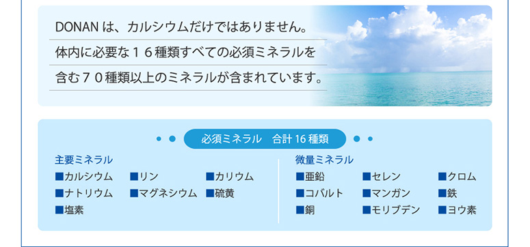 DONANは、カルシウムだけではありません。体内に必要な１６種類すべての必須ミネラルを含む７０種類以上のミネラルが含まれています。 必須ミネラル　合計16種類
主要ミネラル ■カルシウム	■リン	■カリウム ■ナトリウム	■マグネシウム	■硫黄 ■塩素 微量ミネラル ■亜鉛	■セレン	■クロム ■コバルト	■マンガン	■鉄 ■銅	■モリブデン	■ヨウ素